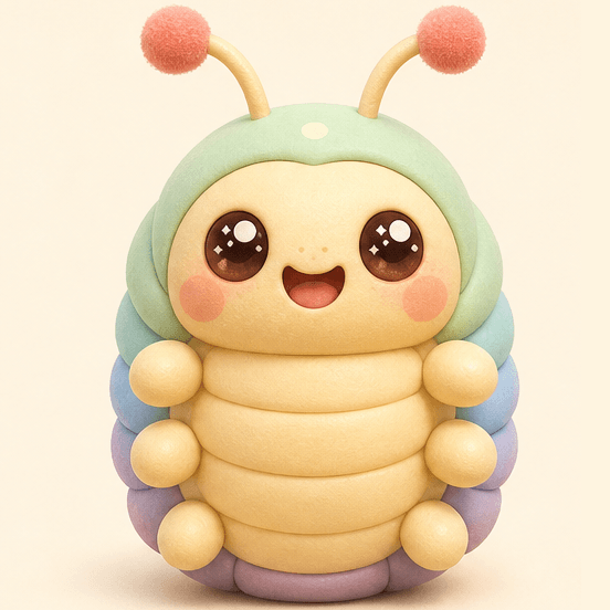 Rollie Pollie, a pastel roly-poly bug with pink pompom antennae